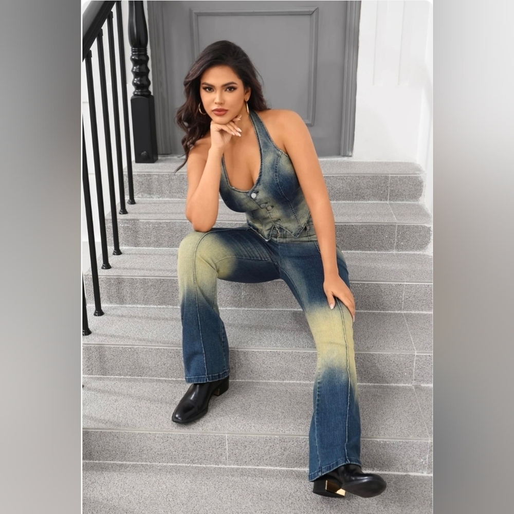 2 Piece Stylish Denim Halter Pants Set
